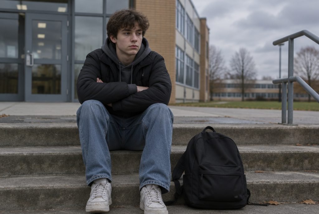 Adolescent qui semble indifférent à l'école, assis sur des marches