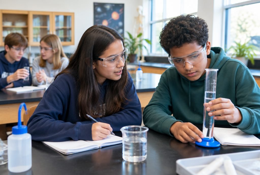 Collégiens qui réalisent une expérience en binôme, apprentissage actif