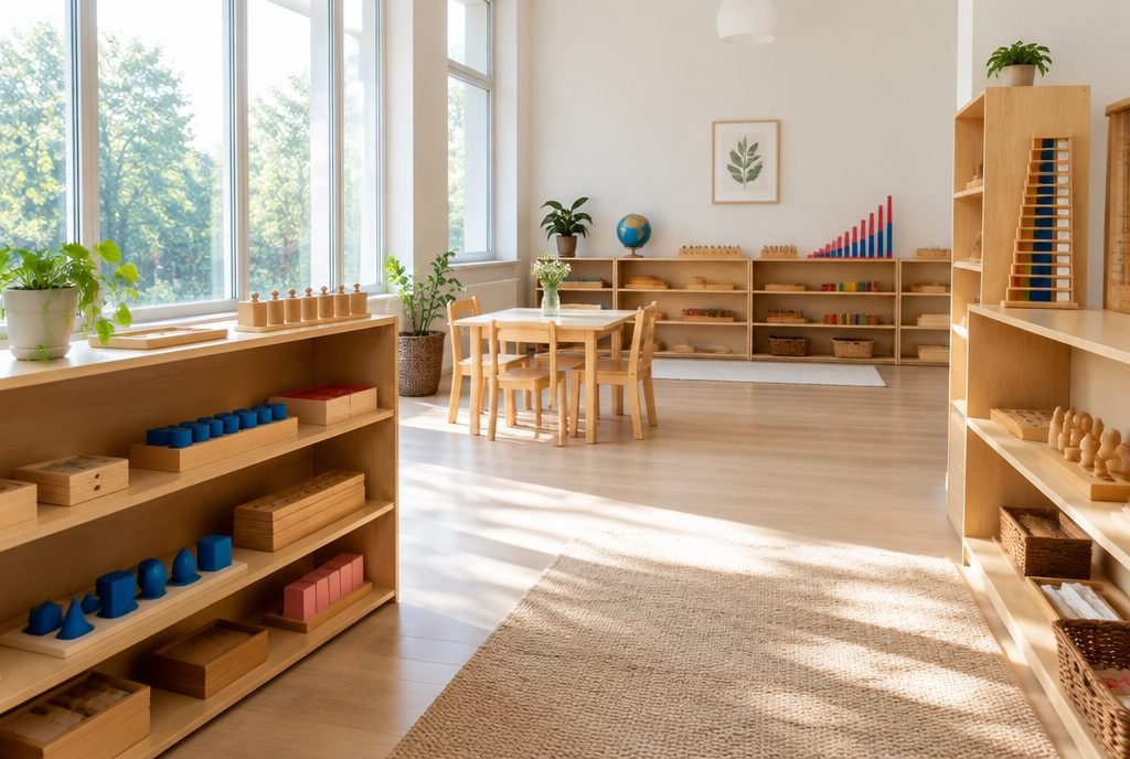 Classe inspirée de Montessori avec du matériel en bois