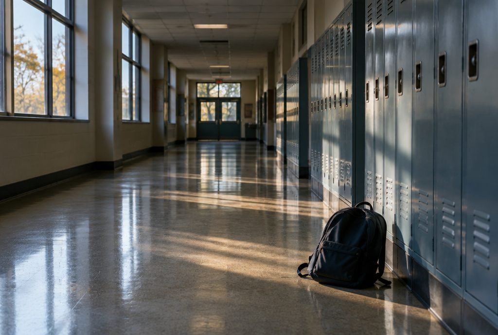 Couloir d'école vide avec un sac à dos au sol, isolement