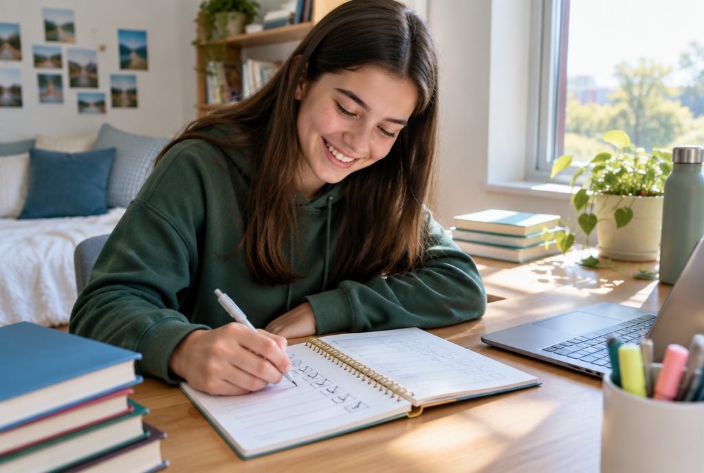 Adolescent motivé qui coche ses objectifs dans son agenda