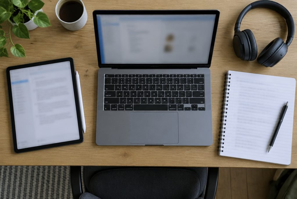 Tablette, ordinateur et cahier sur le bureau d'un élève