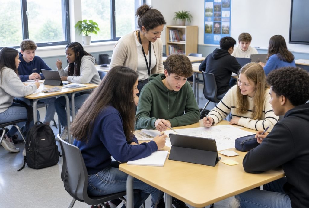Classe en petits groupes avec l'enseignant qui circule, pédagogie active