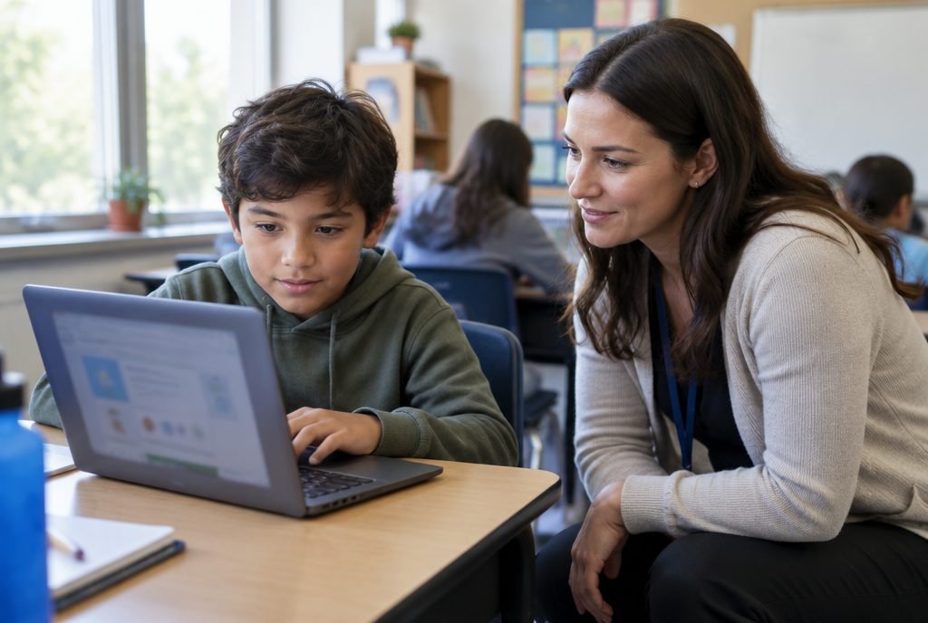 Élève sur une plateforme d'apprentissage adaptatif aidé par son enseignant