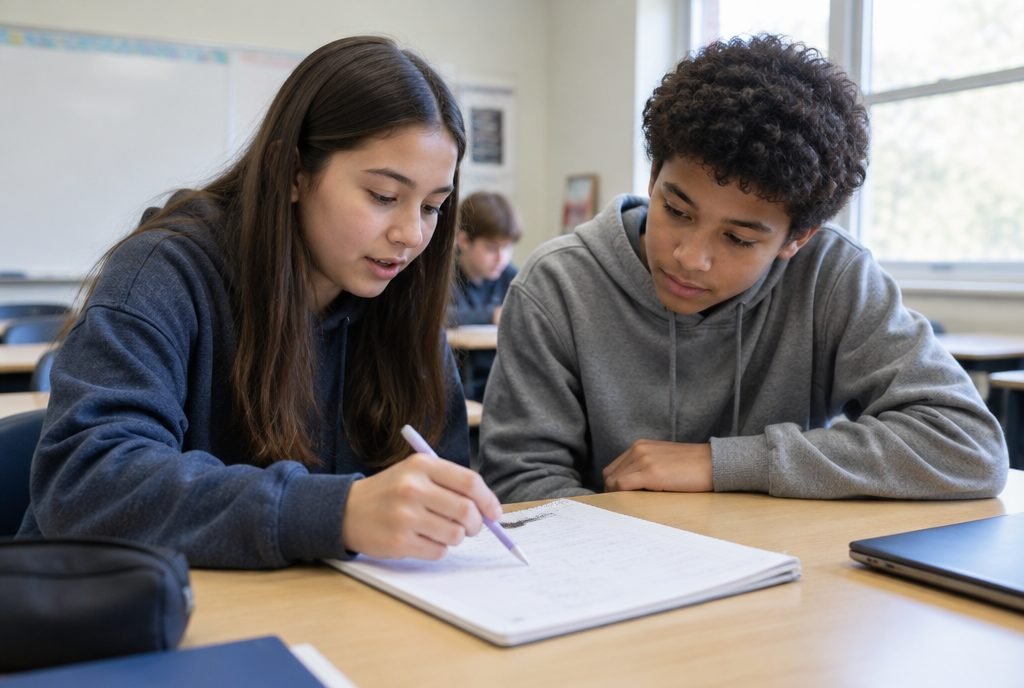 Collégien qui explique un exercice de maths à un camarade