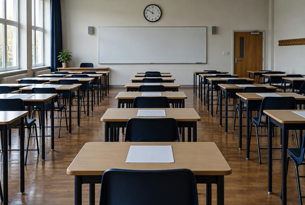 Salle d'examen avant l'épreuve, copies posées sur les tables