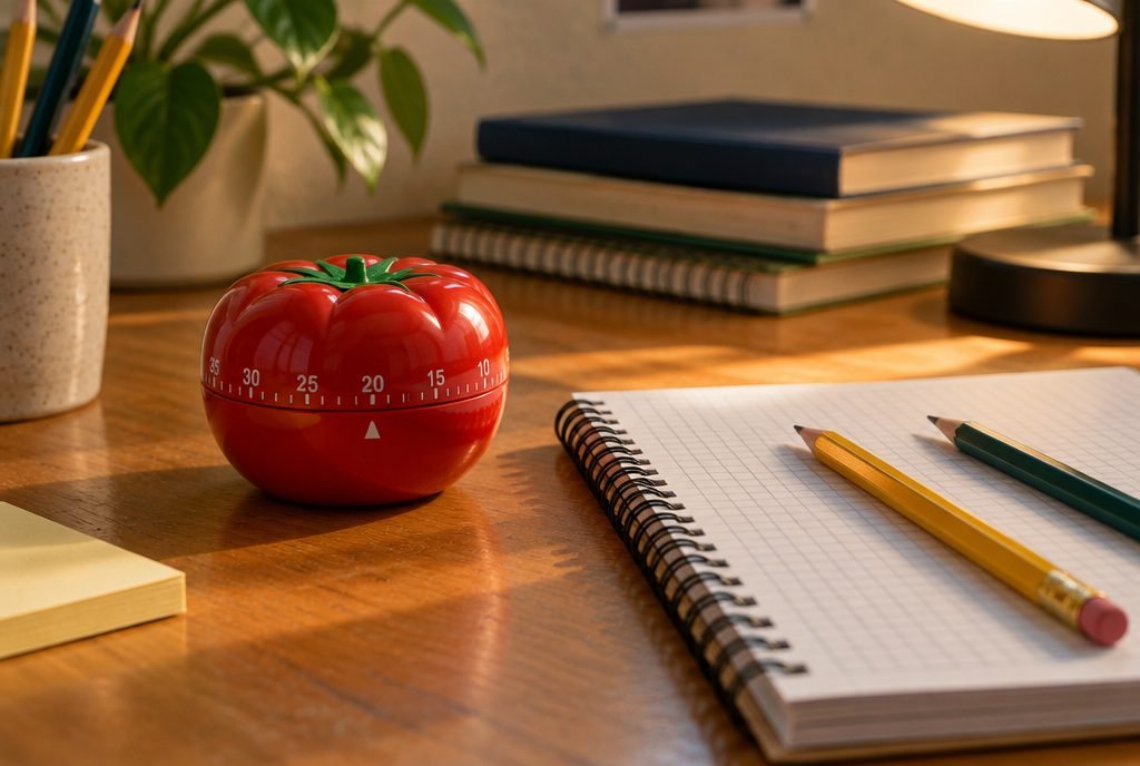 Minuteur en forme de tomate à côté d'un cahier, technique Pomodoro