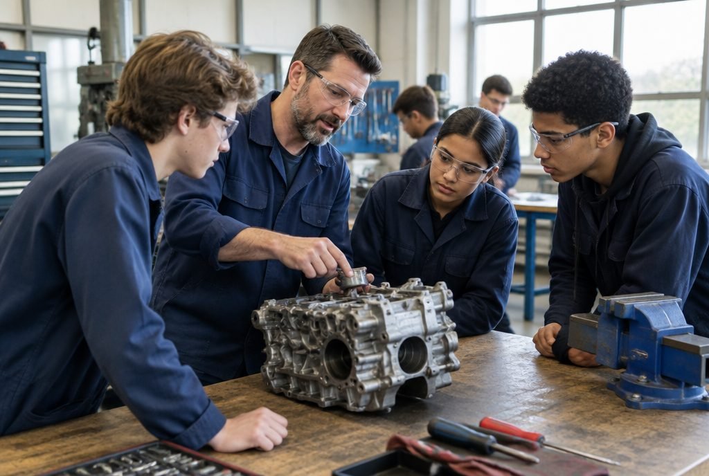 Élèves de lycée professionnel en atelier avec leur formateur