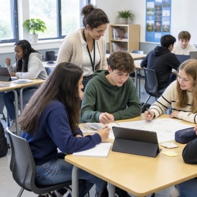 Classe en petits groupes avec l'enseignant qui circule, pédagogie active
