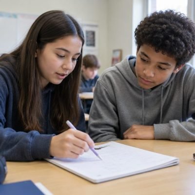 Collégien qui explique un exercice de maths à un camarade