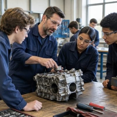 Élèves de lycée professionnel en atelier avec leur formateur